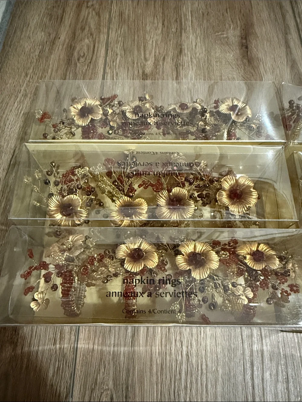 Pier 1 Gold and Red Beaded Metal Floral Napkin Rings - Set of 8  (3 total sets)